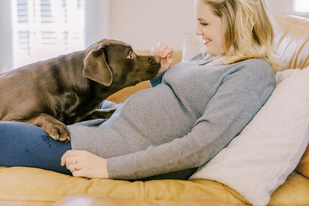 Richmond in-home maternity photography session showing the Quick family in their beautifully decorated home and nursery.