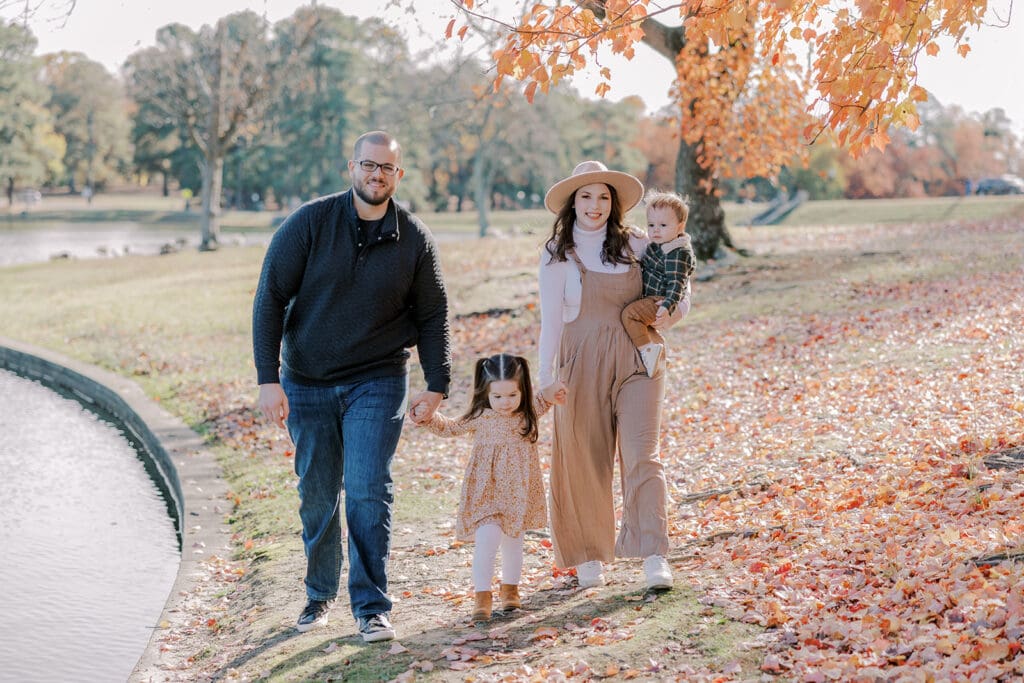 Richmond fall family photography session with the Keeley family surrounded by orange autumn leaves at Byrd Park.