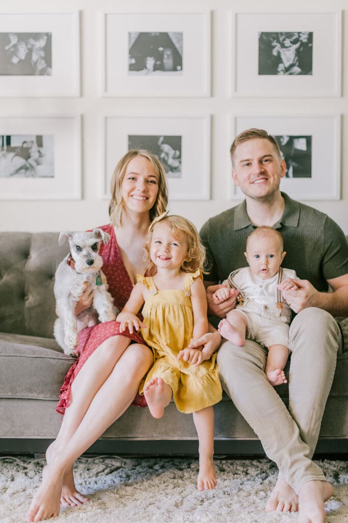 Lifestyle family photographer in Richmond documenting the Allred family reading, playing, dancing and snuggling in coordinated outfits.