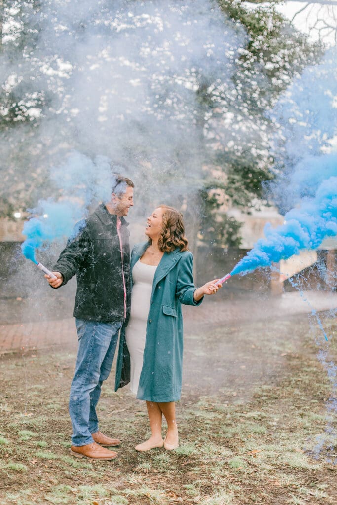 A couple waits eagerly to learn the gender of their baby during their Williamsburg gender reveal.