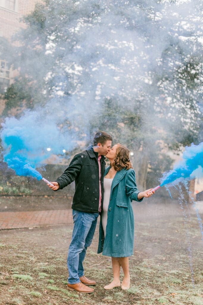 A couple waits eagerly to learn the gender of their baby during their Williamsburg gender reveal.