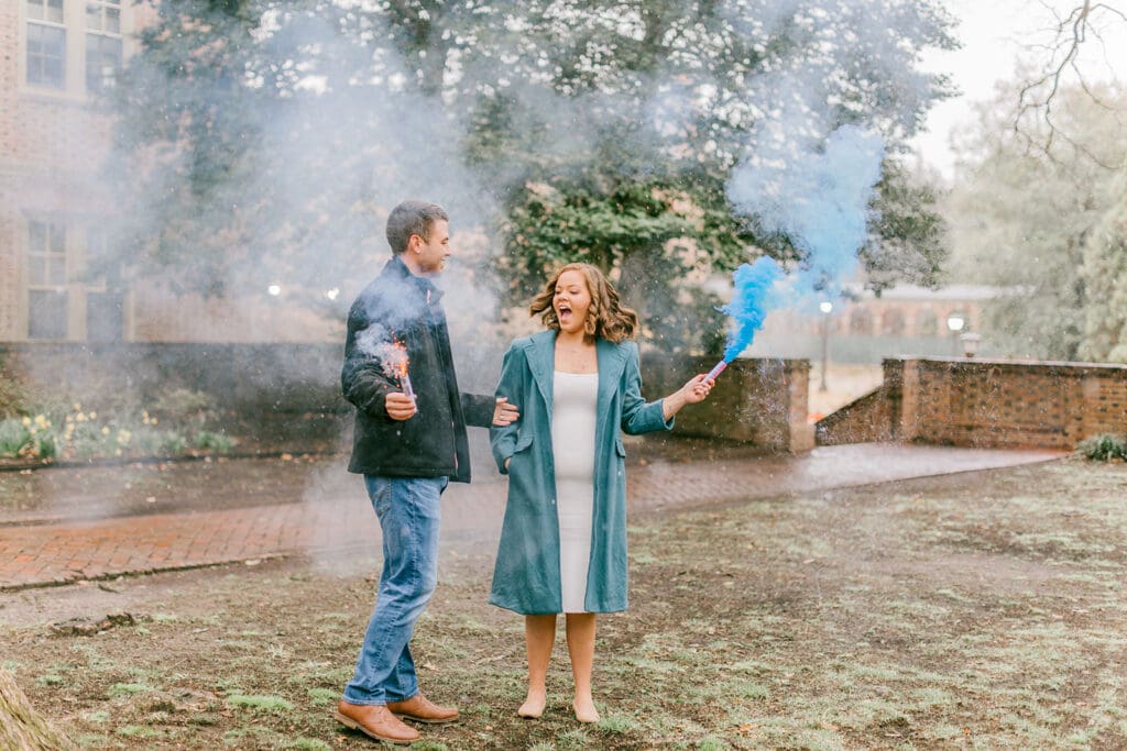 A couple waits eagerly to learn the gender of their baby during their Williamsburg gender reveal.