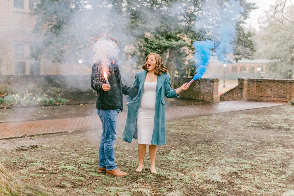 A couple waits eagerly to learn the gender of their baby during their Williamsburg gender reveal.