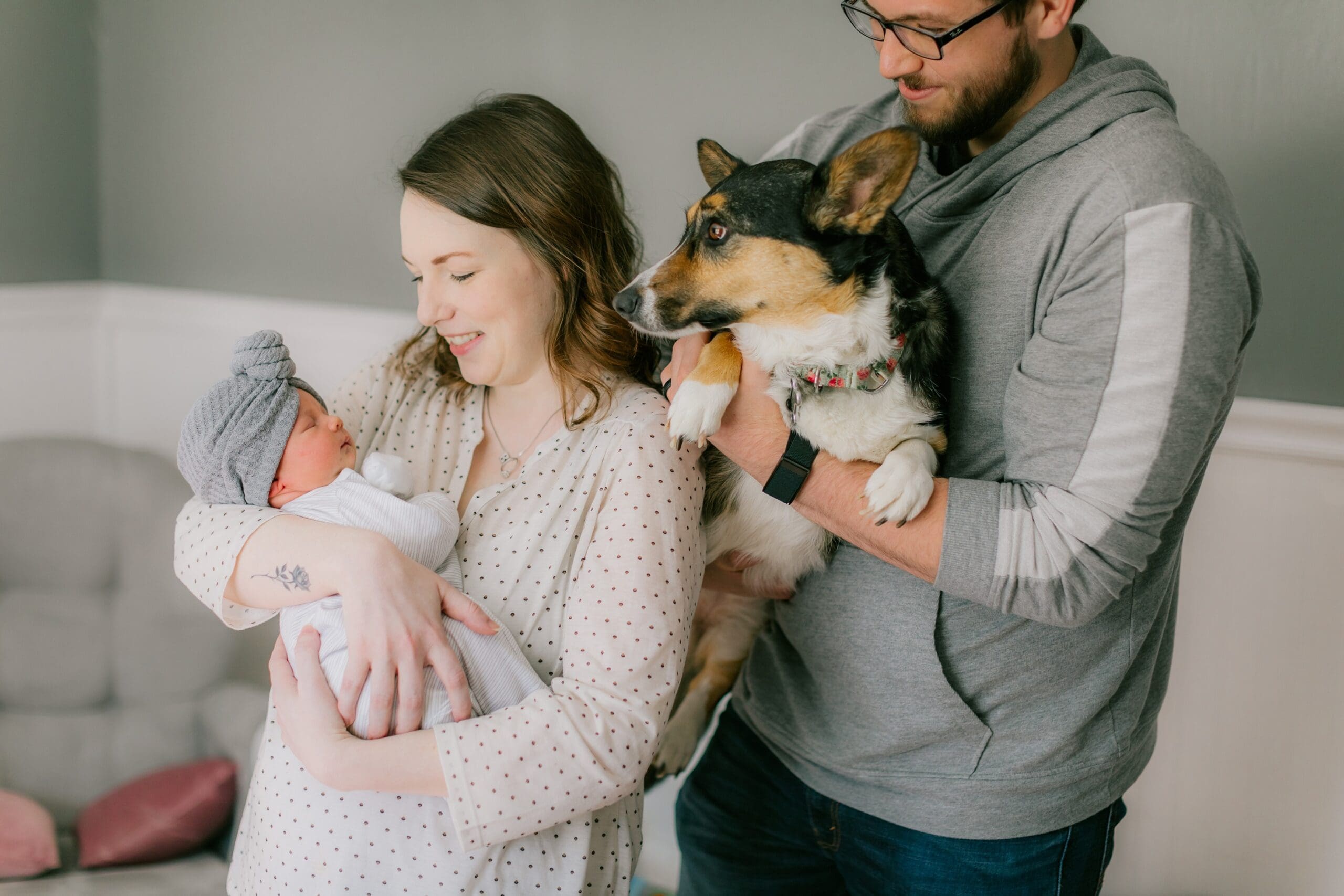 Richmond family session of a dog, baby, and mom and dad.