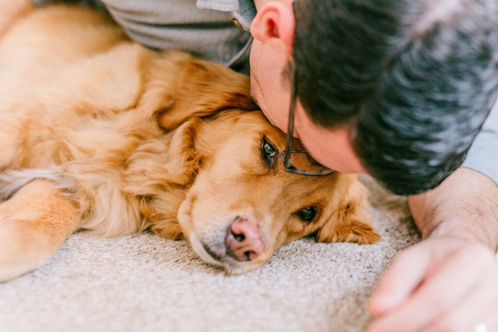 Richmond pet photography memorial session with a family and their golden retriever enjoying their final days together.