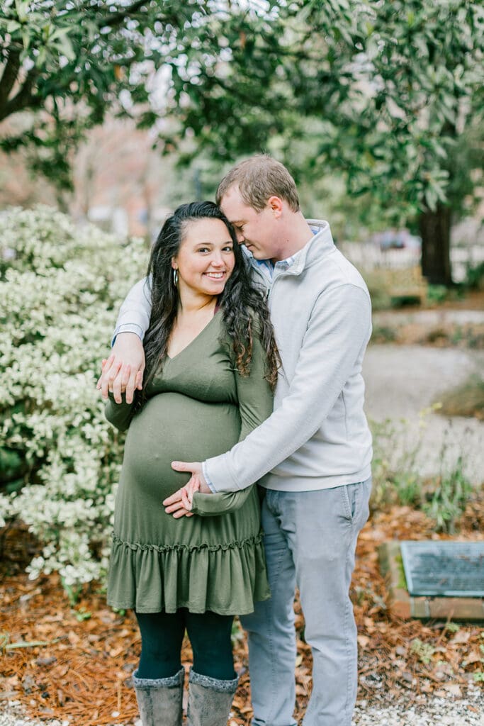 March maternity session in Williamsburg featuring the Sabo family in their cozy home and baby's nursery.