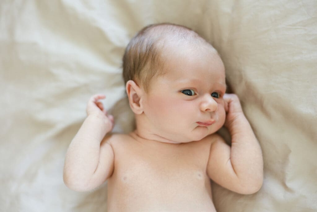 Richmond newborn photographer session featuring baby Cooper and his family in their sunlit Rockville home with their dog Riley