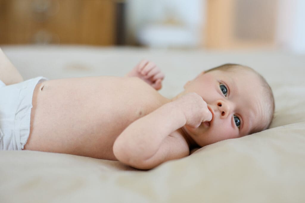 Richmond newborn photographer session featuring baby Cooper and his family in their sunlit Rockville home with their dog Riley